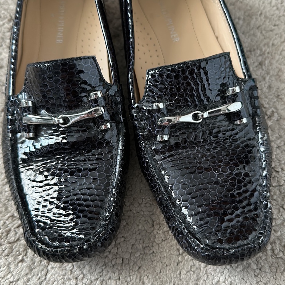 Donald Pliner black patent leather , buckle loafer